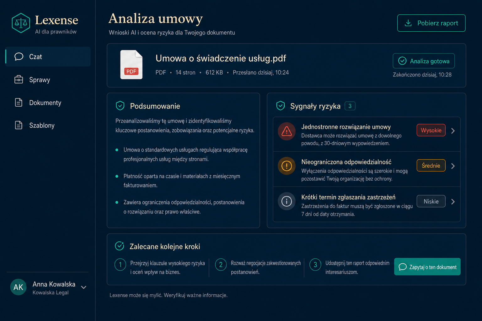 Ukończona analiza w aplikacji web Lexense: podsumowanie, sygnały ryzyka i zalecane kroki